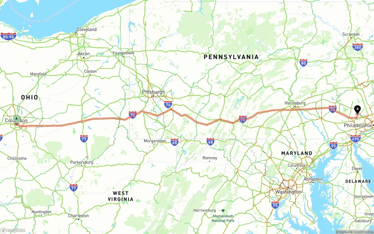 Shipping route from Columbus to Phoenix