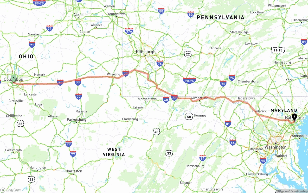 Shipping route from Columbus to Port of Baltimore
