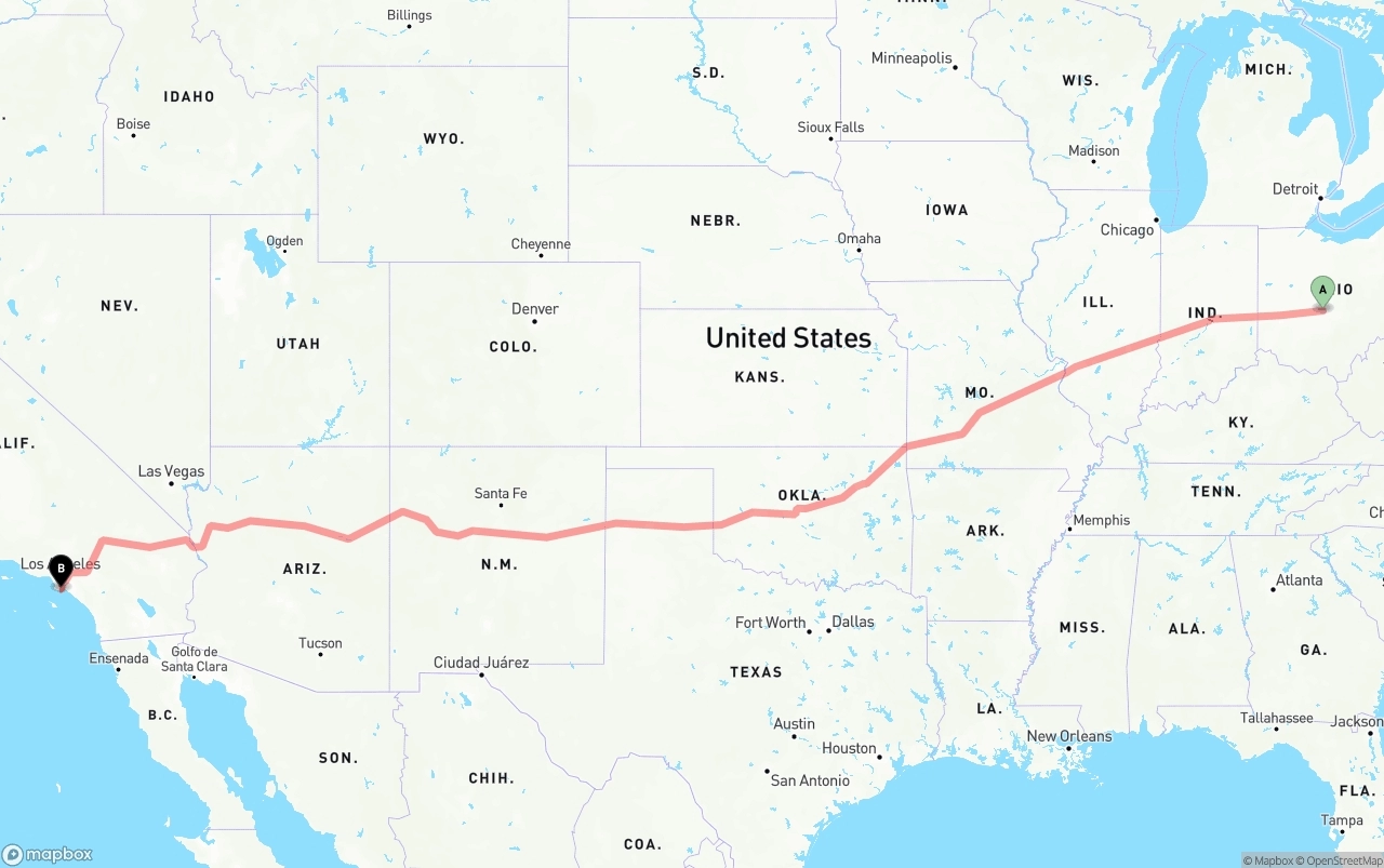 Shipping route from Columbus to Port of Long Beach