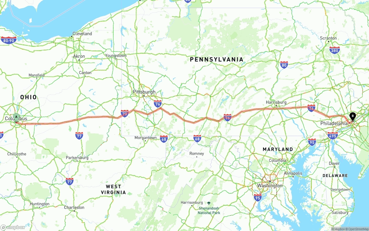 Shipping route from Columbus to Port of Philadelphia