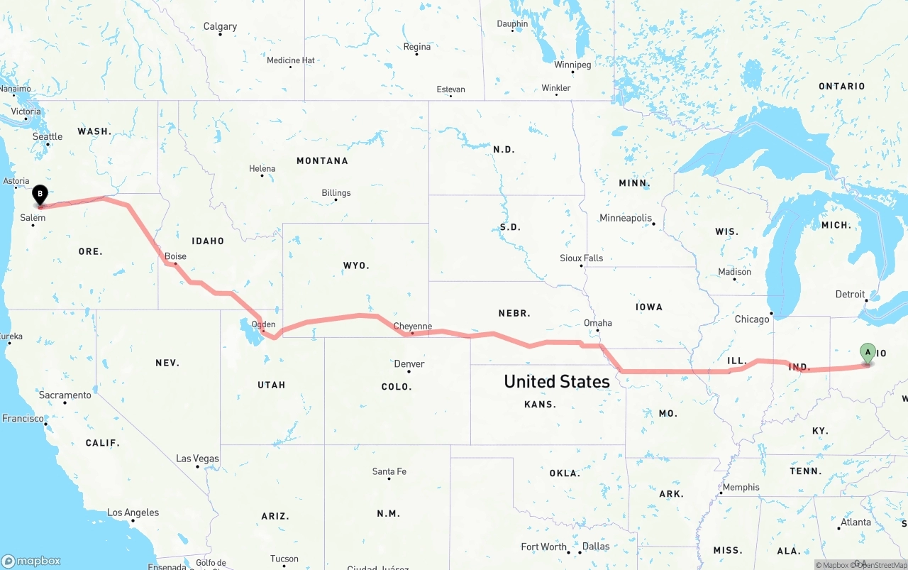 Shipping route from Columbus to Portland