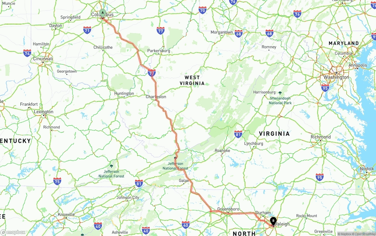 Shipping route from Columbus to Raleigh
