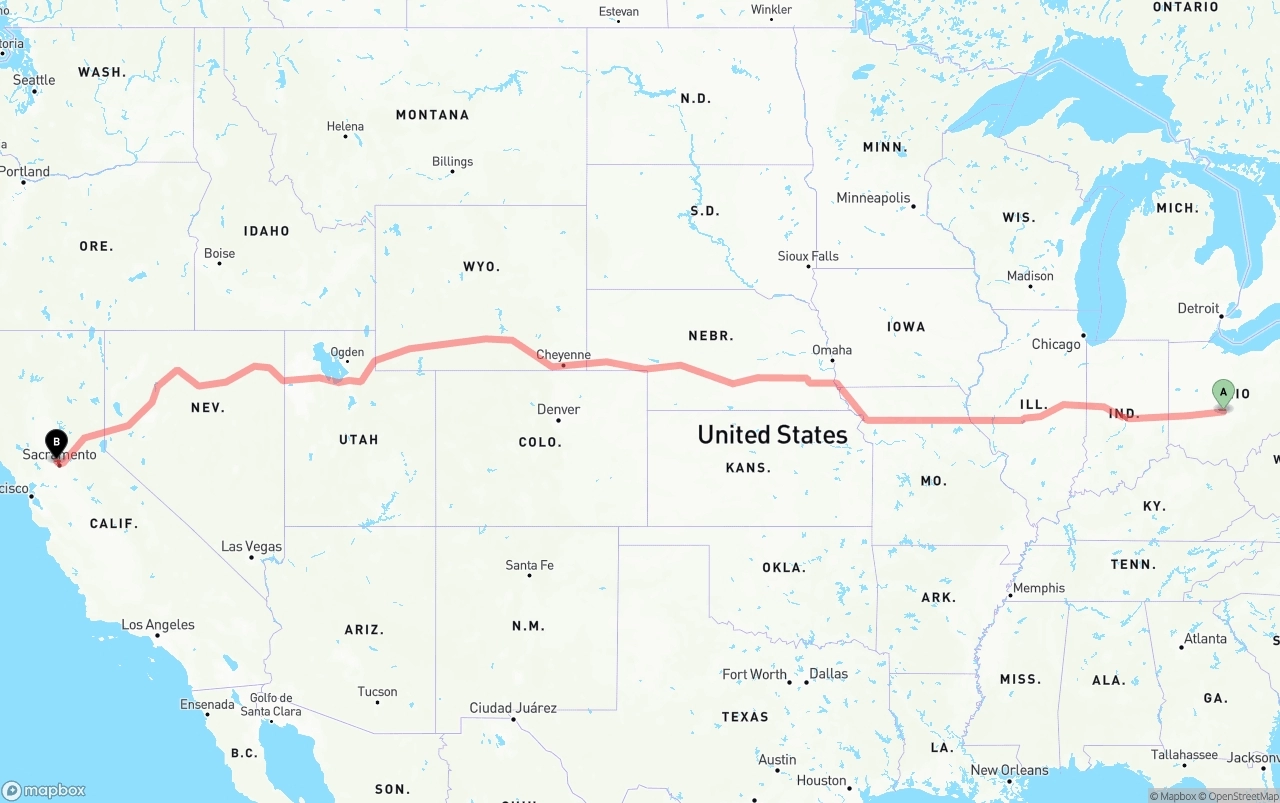 Shipping route from Columbus to Sacramento International Airport