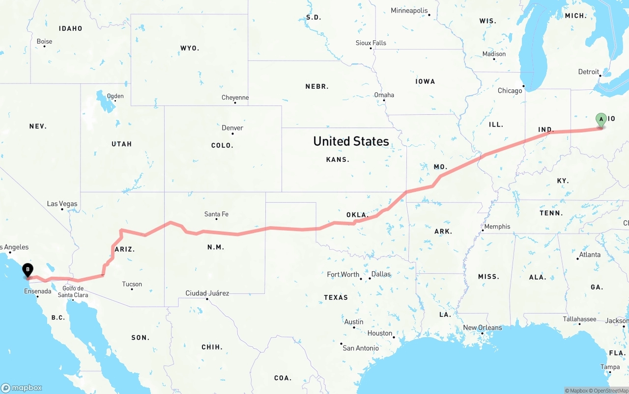 Shipping route from Columbus to San Diego International Airport