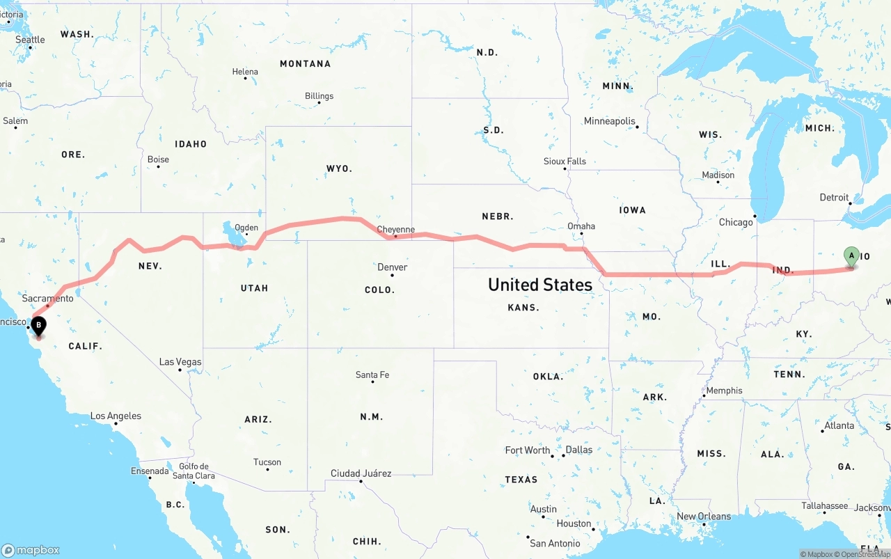 Shipping route from Columbus to San Jose