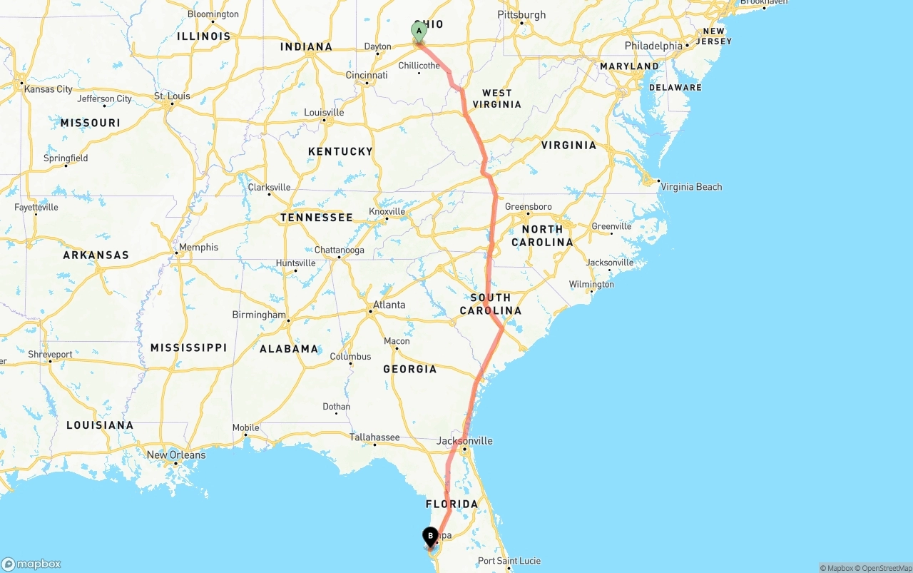 Shipping route from Columbus to St. Petersburg