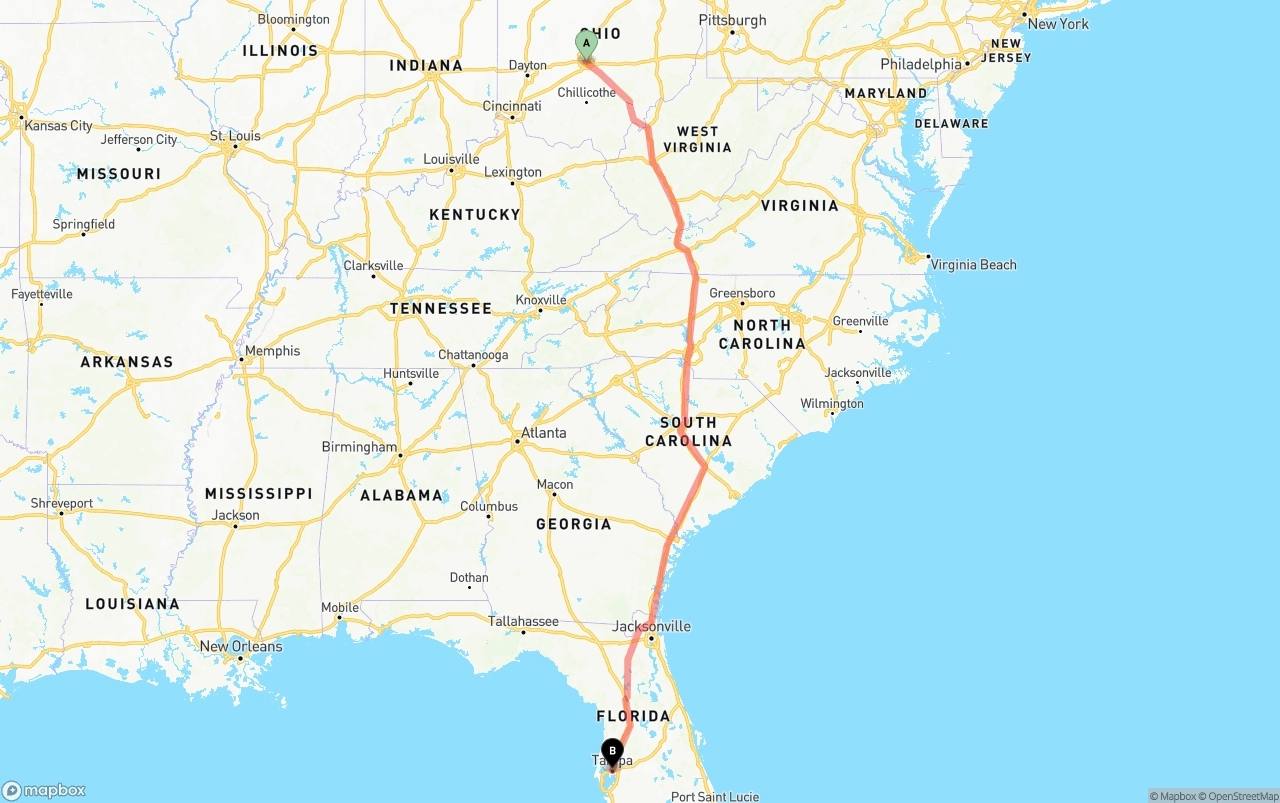 Shipping route from Columbus to Tampa