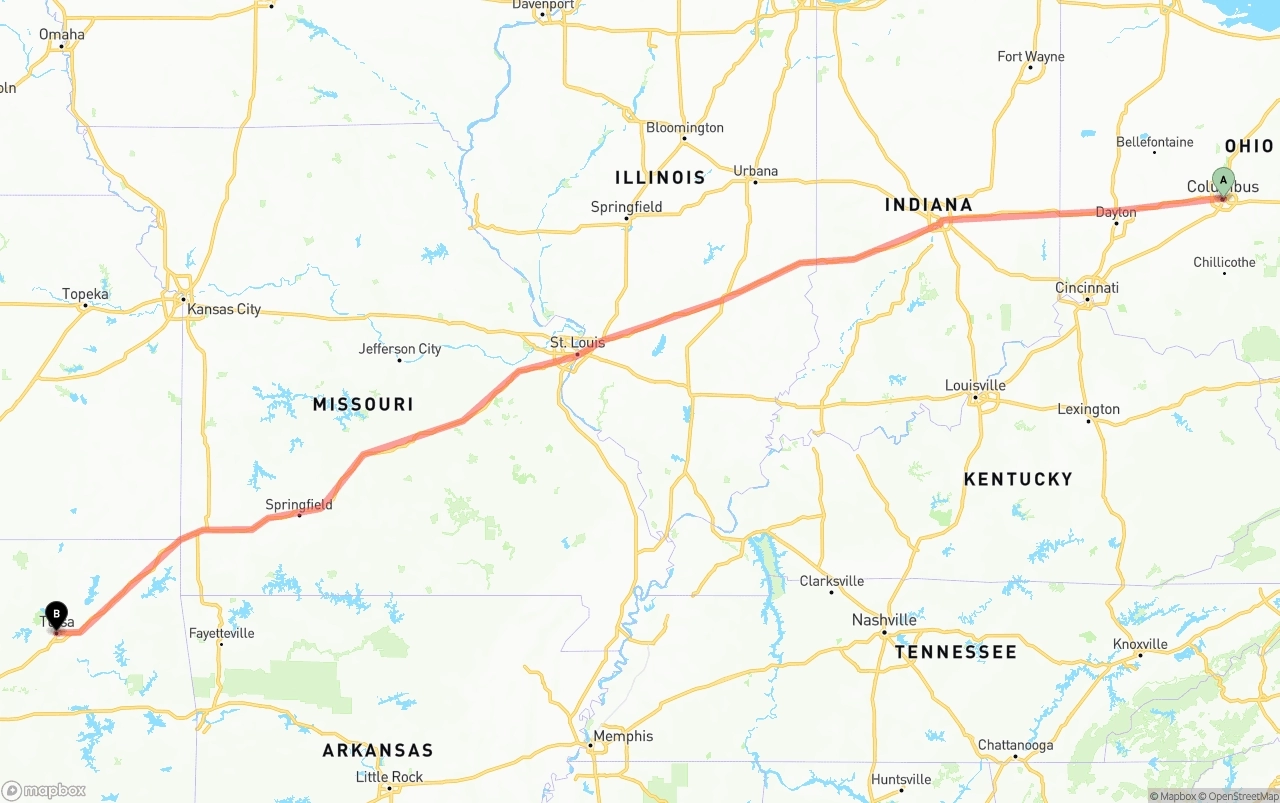 Shipping route from Columbus to Tulsa