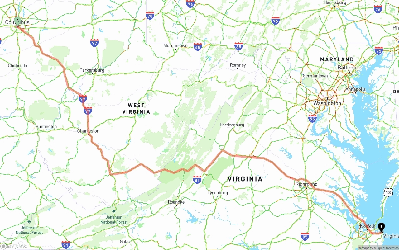 Shipping route from Columbus to Virginia Beach