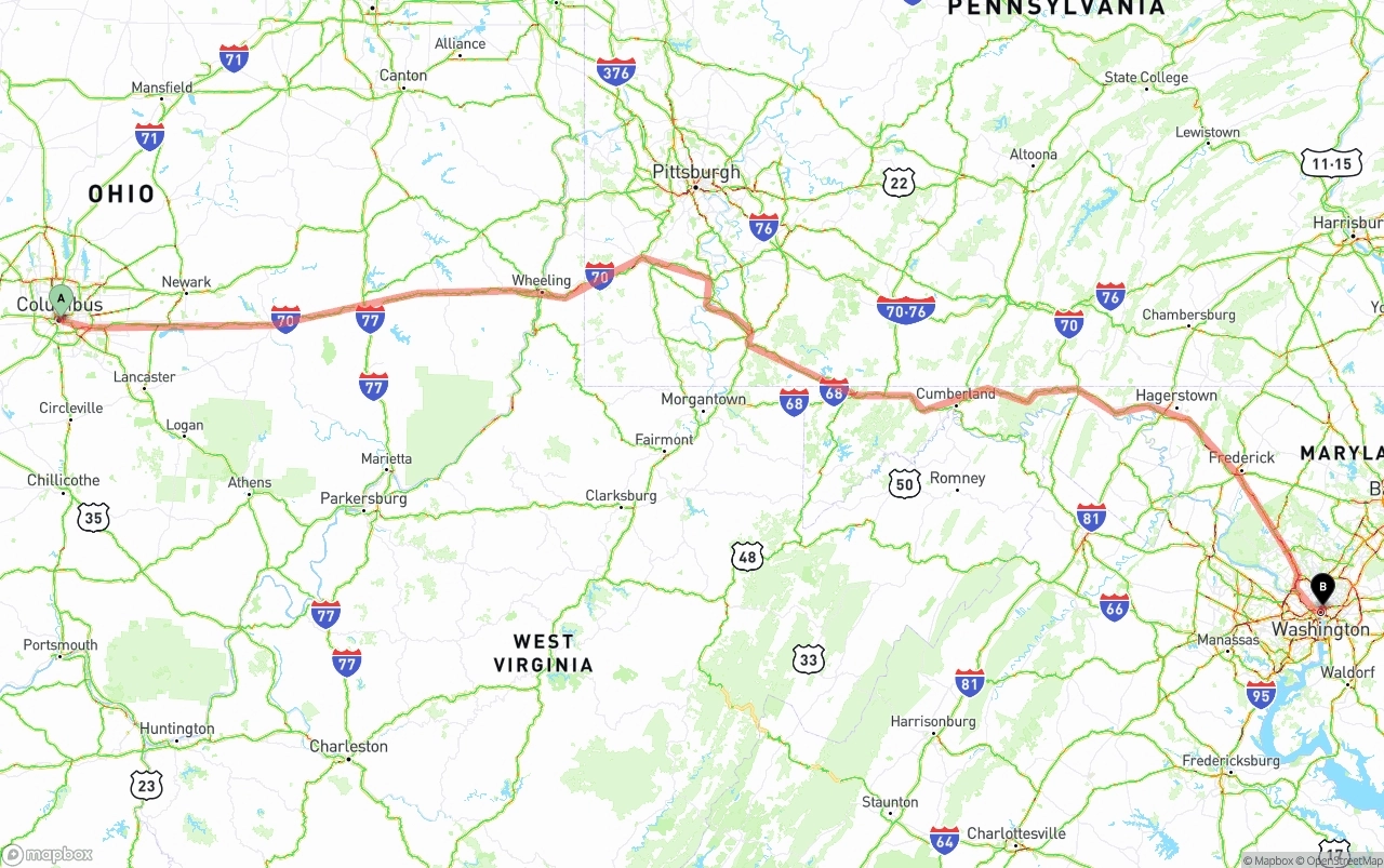 Shipping route from Columbus to Washington D.C.