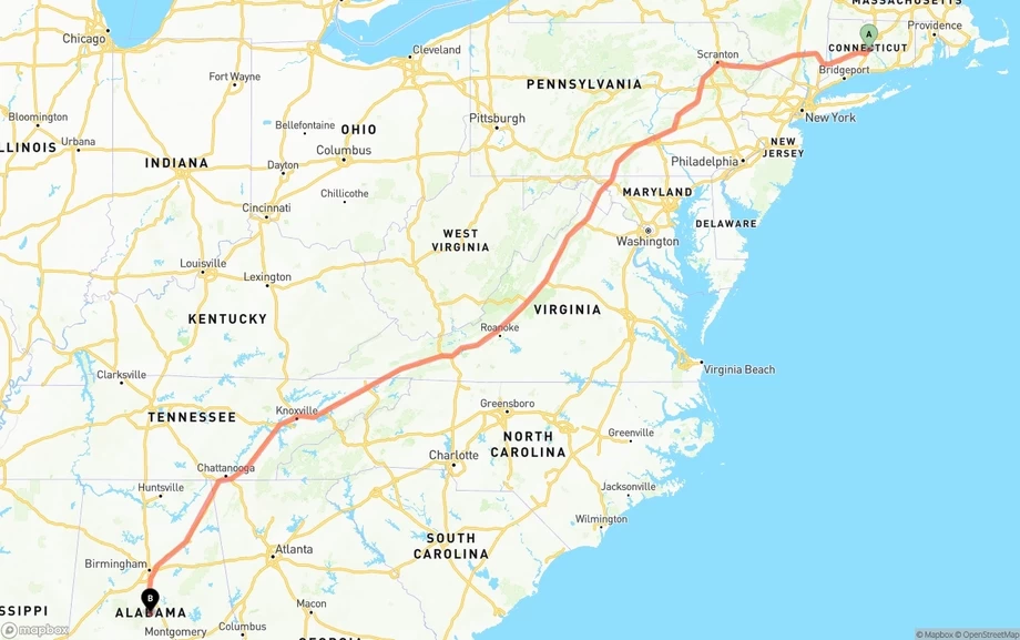 Connecticut to Alabama freight shipping route map