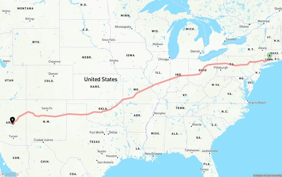 Connecticut to Arizona freight shipping route map