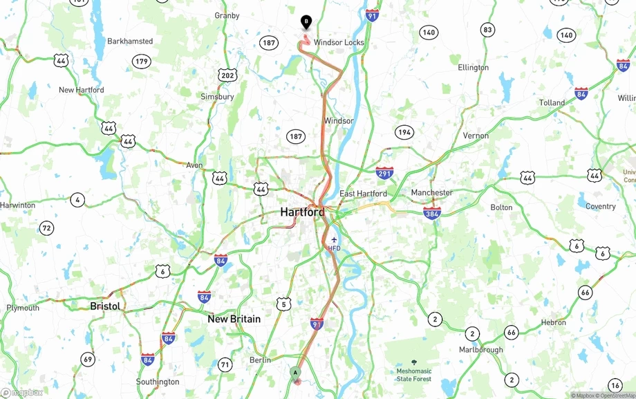 Connecticut to Bradley International Airport freight shipping route map