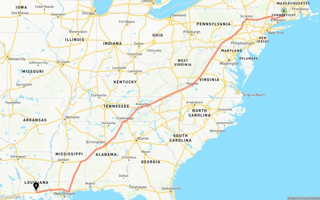 Shipping route from Connecticut to Louisiana