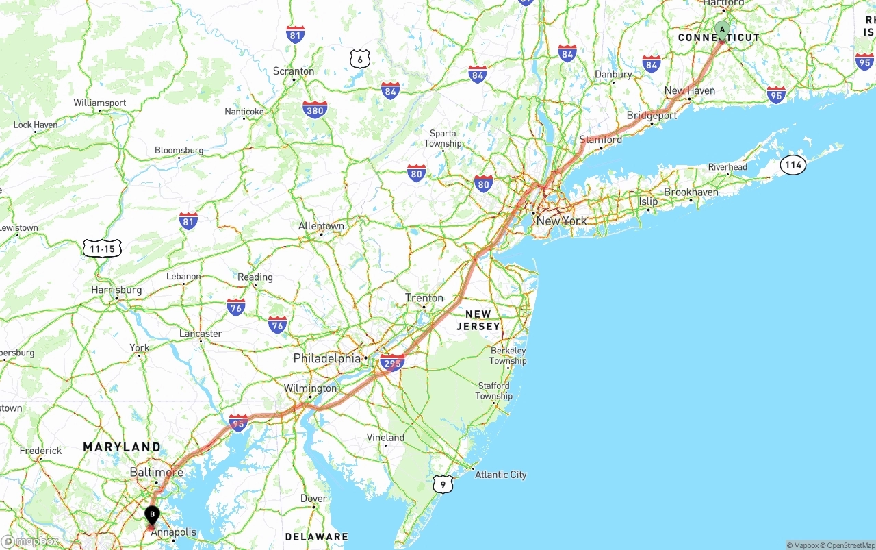 Shipping route from Connecticut to Maryland