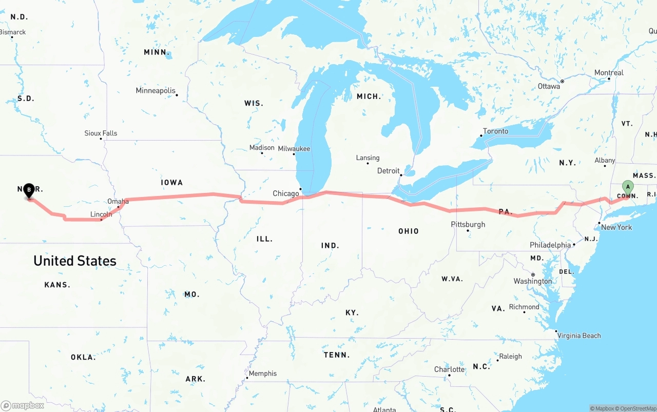 Shipping route from Connecticut to Nebraska