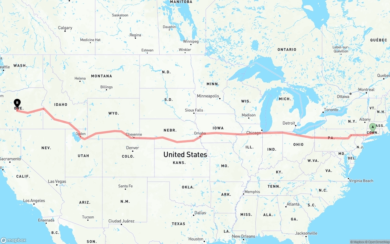Shipping route from Connecticut to Oregon
