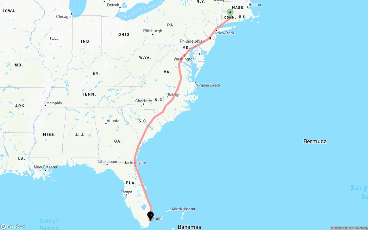 Shipping route from Connecticut to Port of Miami