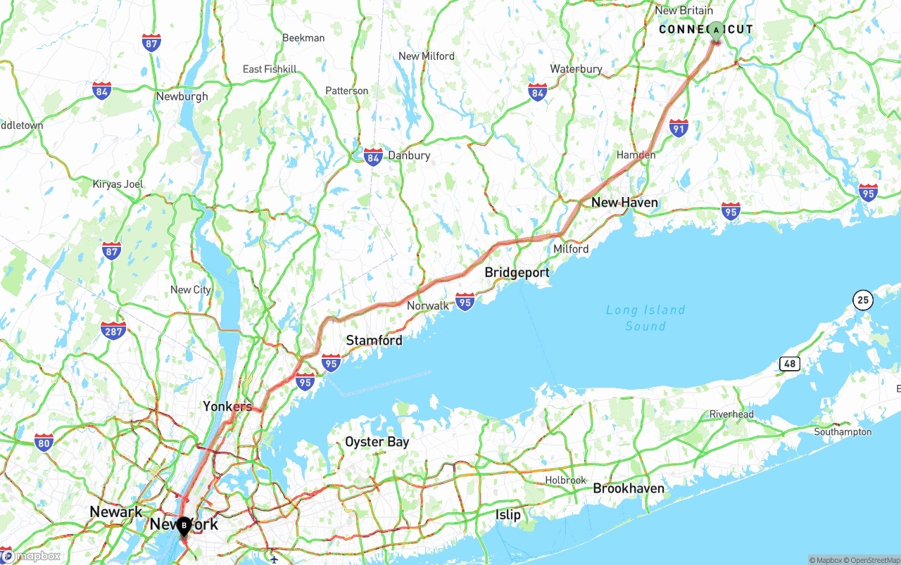 Shipping route from Connecticut to Port of New York