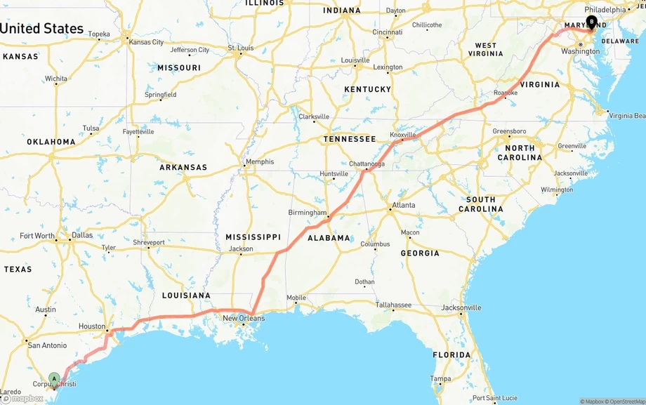 Corpus Christi to Baltimore freight shipping route map