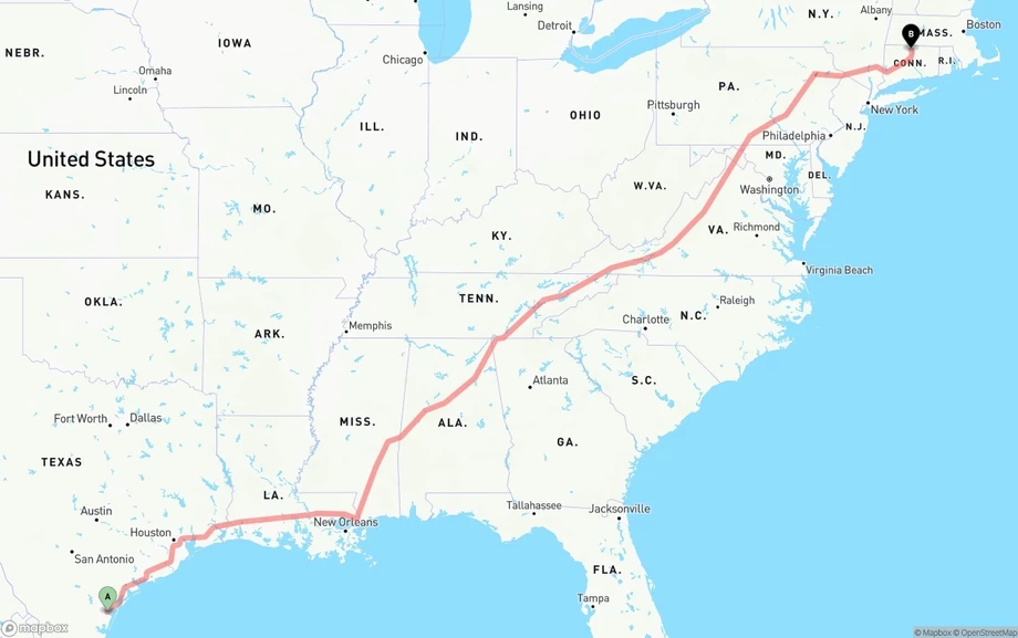 Corpus Christi to Bradley International Airport freight shipping route map