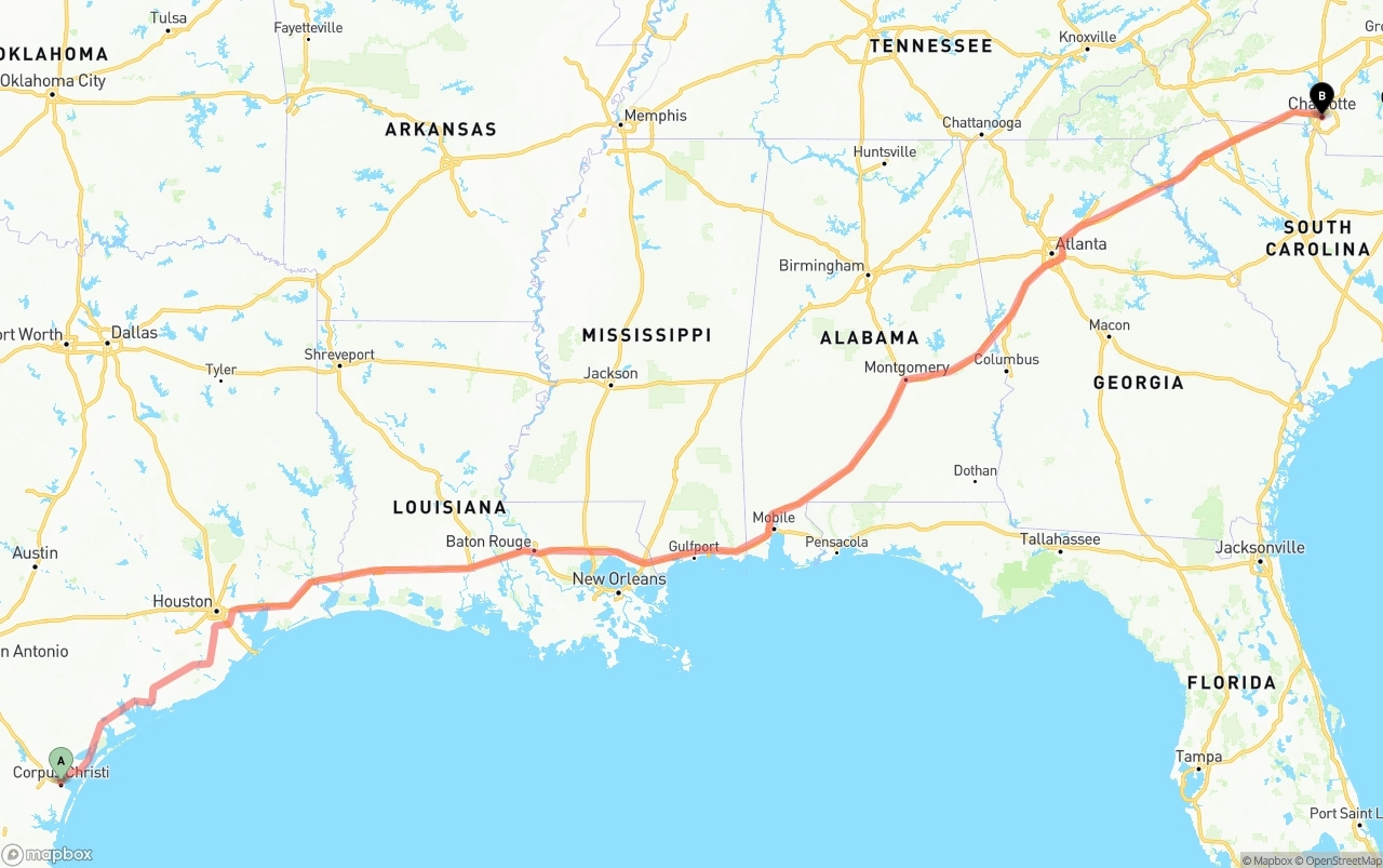 Shipping route from Corpus Christi to Charlotte