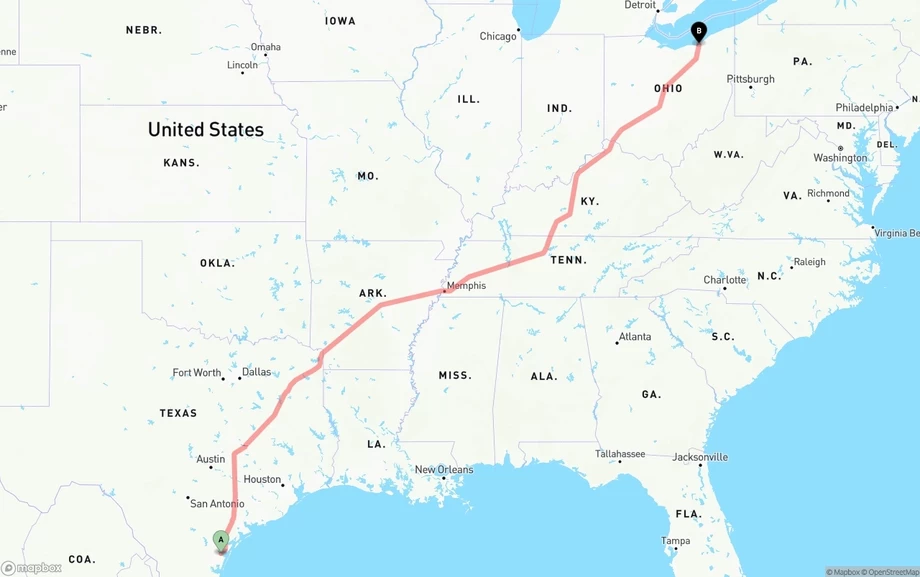 Corpus Christi to Cleveland freight shipping route map