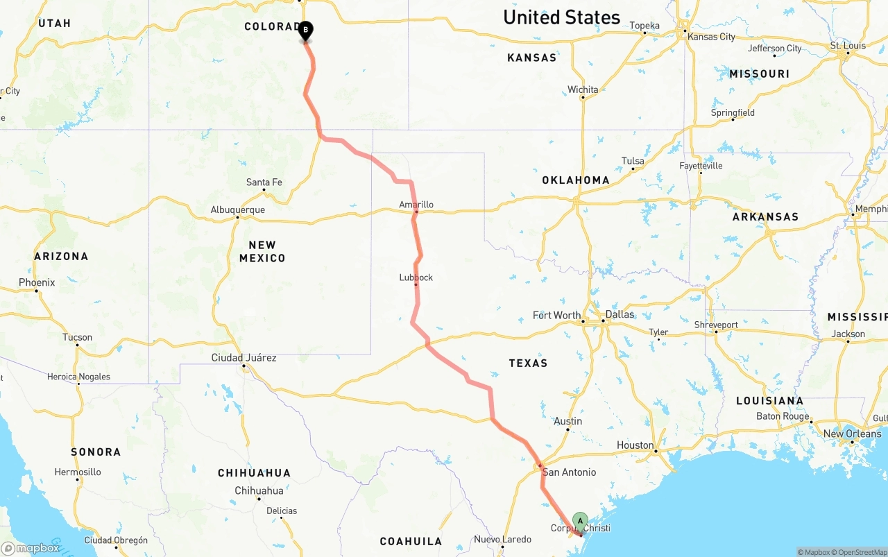 Shipping route from Corpus Christi to Colorado Springs