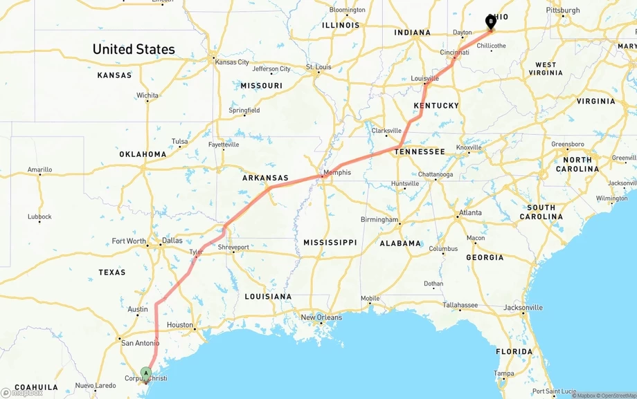 Corpus Christi to Columbus freight shipping route map