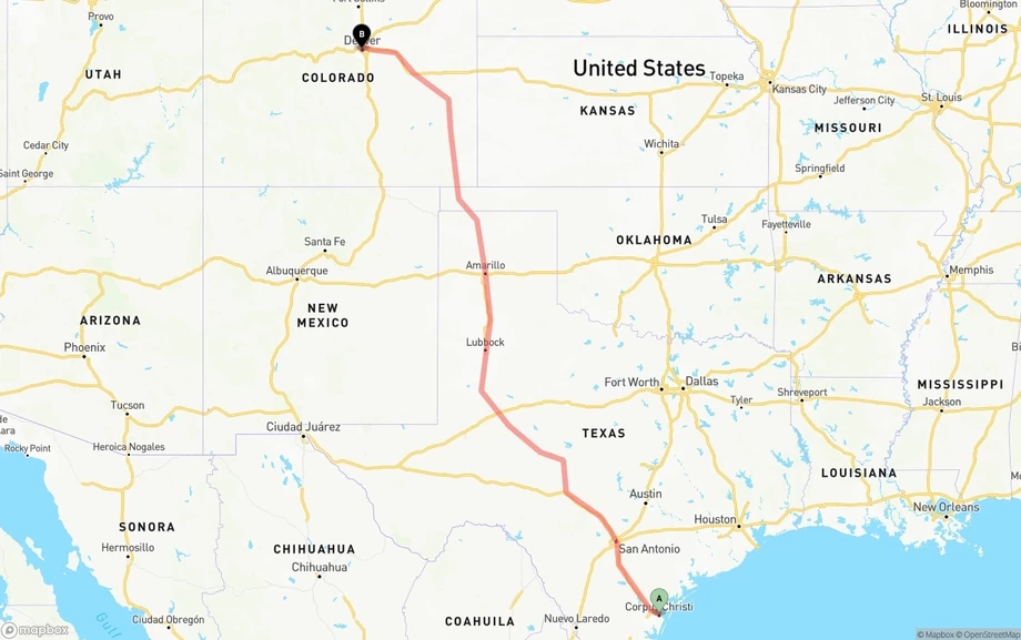 Corpus Christi to Denver freight shipping route map