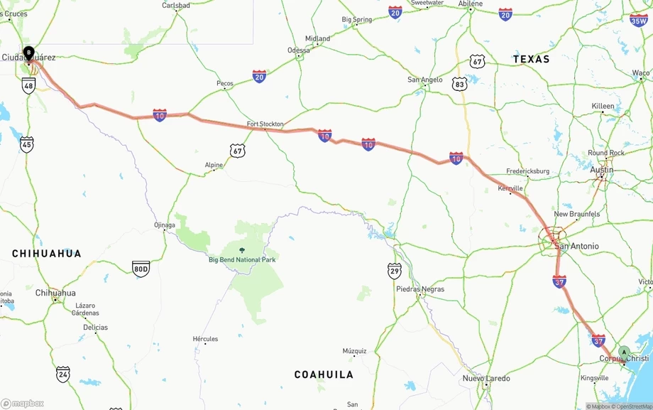 Corpus Christi to El Paso freight shipping route map