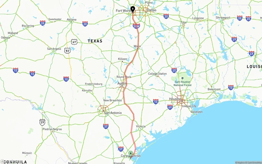 Corpus Christi to Fort Worth freight shipping route map