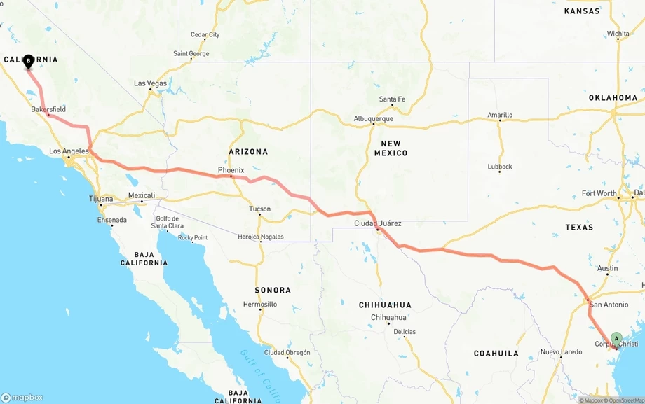 Corpus Christi to Fresno freight shipping route map