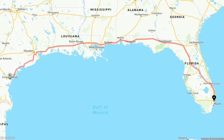 Corpus Christi to Ft. Lauderdale freight shipping route map
