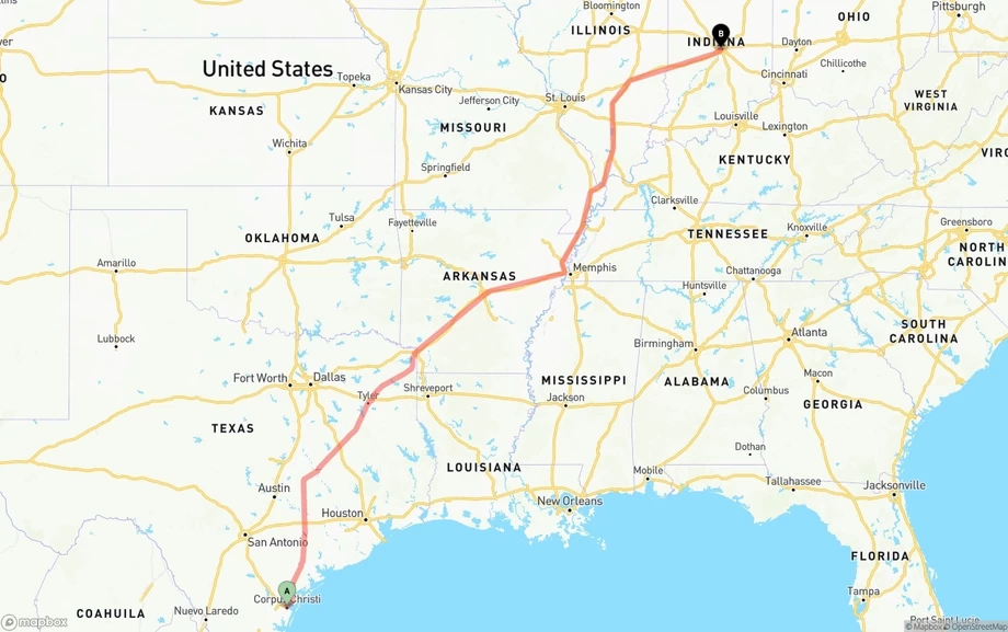 Corpus Christi to Indianapolis freight shipping route map