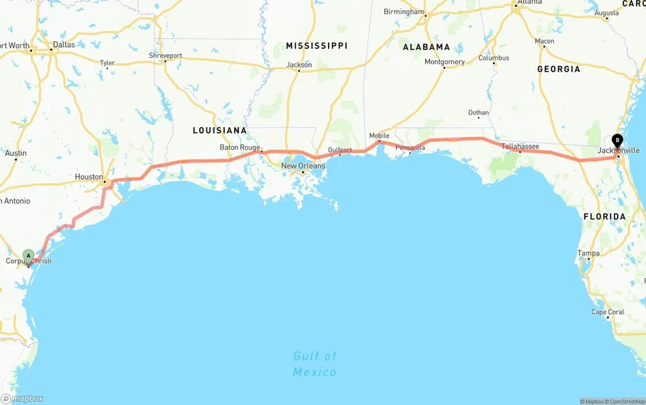 Corpus Christi to Jacksonville International Airport freight shipping route map