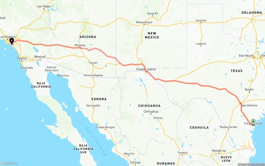 Corpus Christi to John Wayne Airport — Orange County freight shipping route map