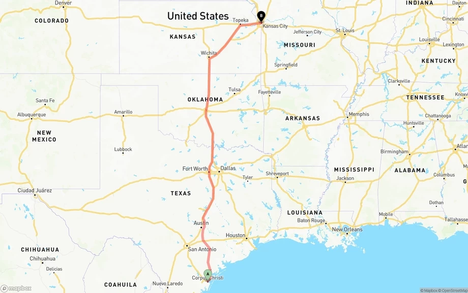Corpus Christi to Kansas City freight shipping route map