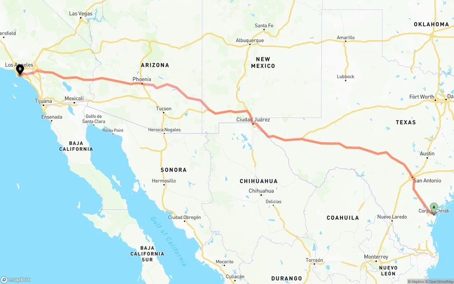 Corpus Christi to Long Beach freight shipping route map