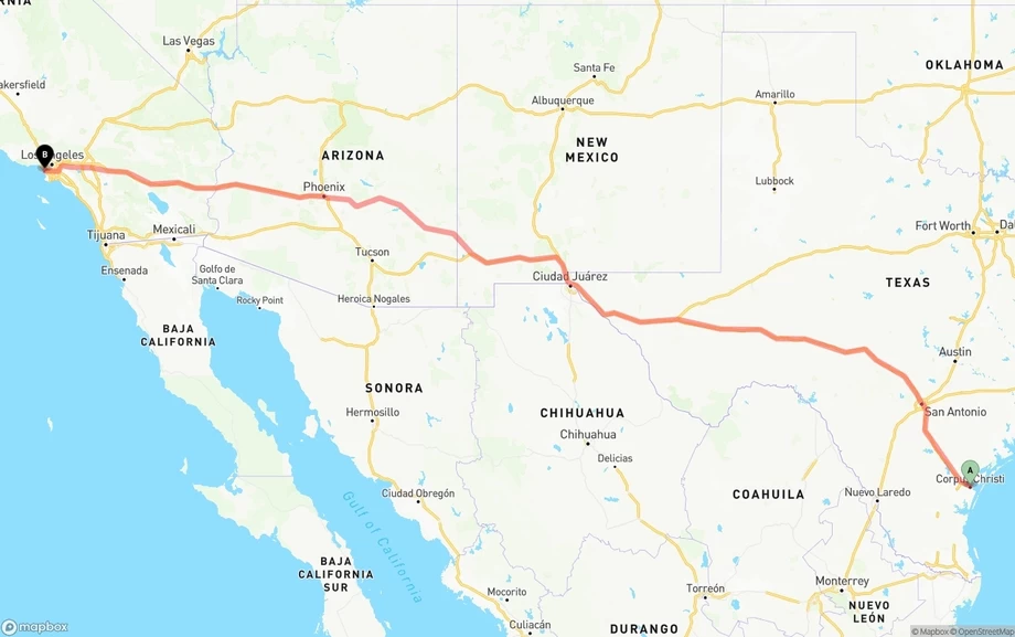 Corpus Christi to Los Angeles International Airport freight shipping route map