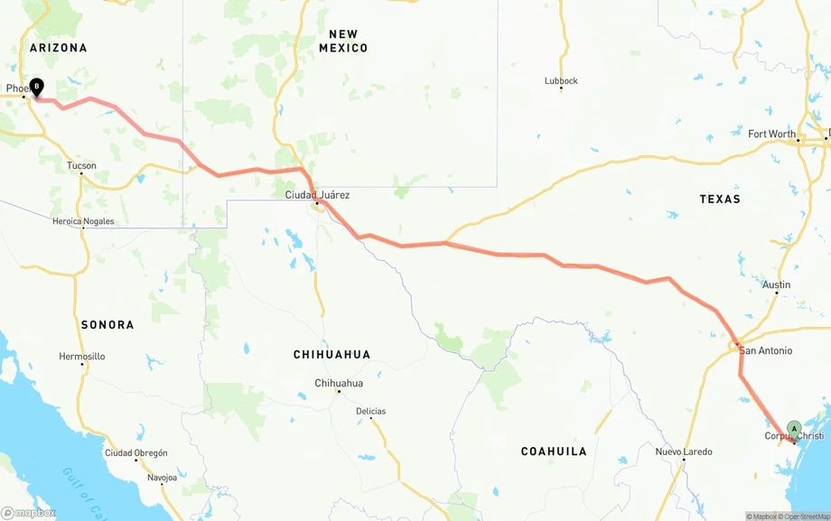 Corpus Christi to Mesa freight shipping route map