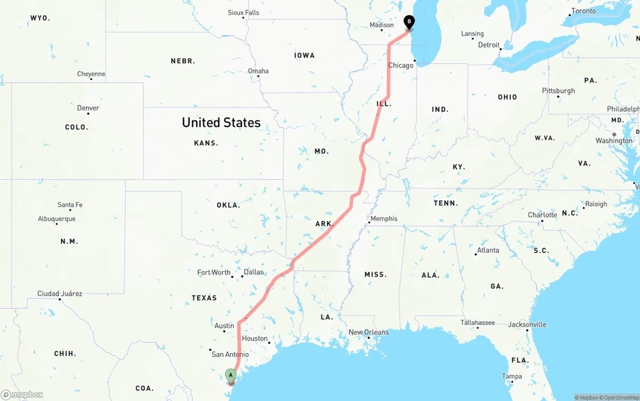Corpus Christi to Milwaukee freight shipping route map