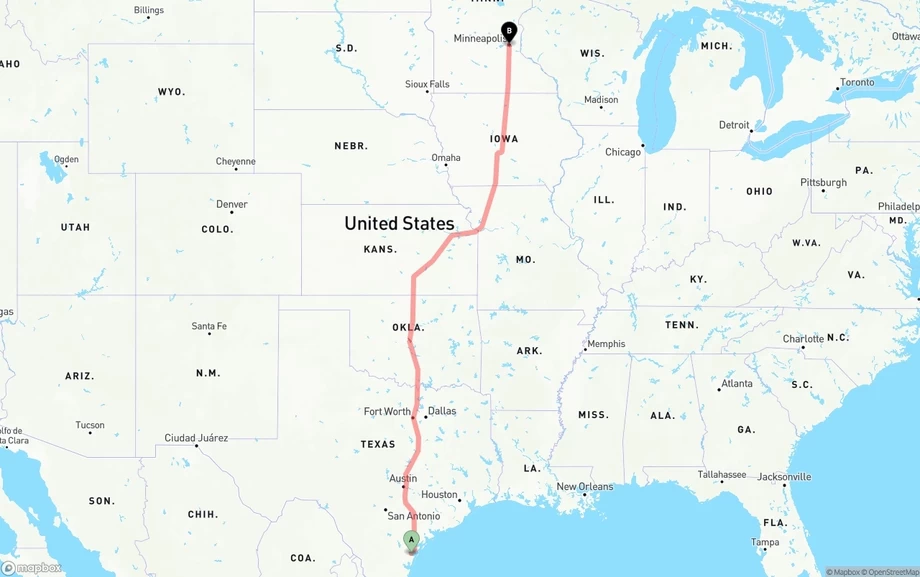 Corpus Christi to Minneapolis freight shipping route map