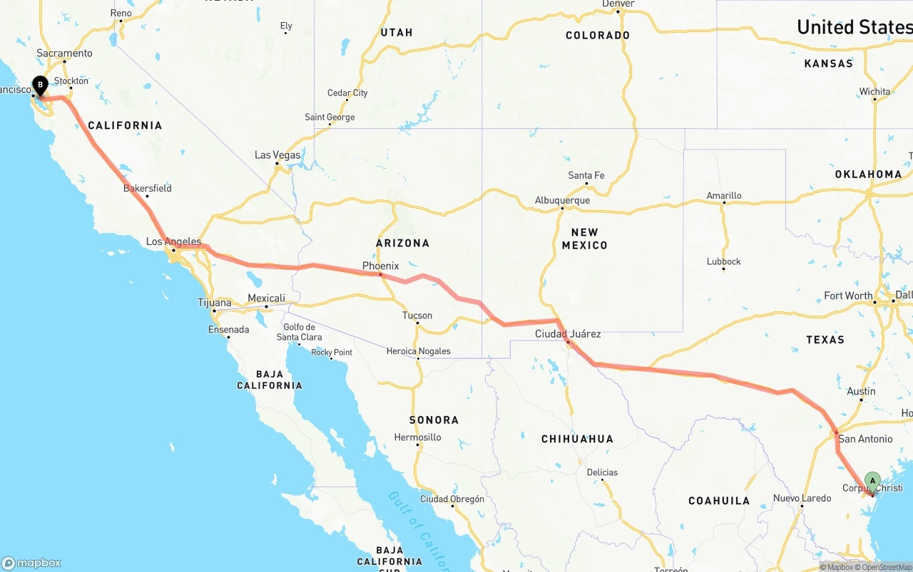 Shipping route from Corpus Christi to Oakland International Airport