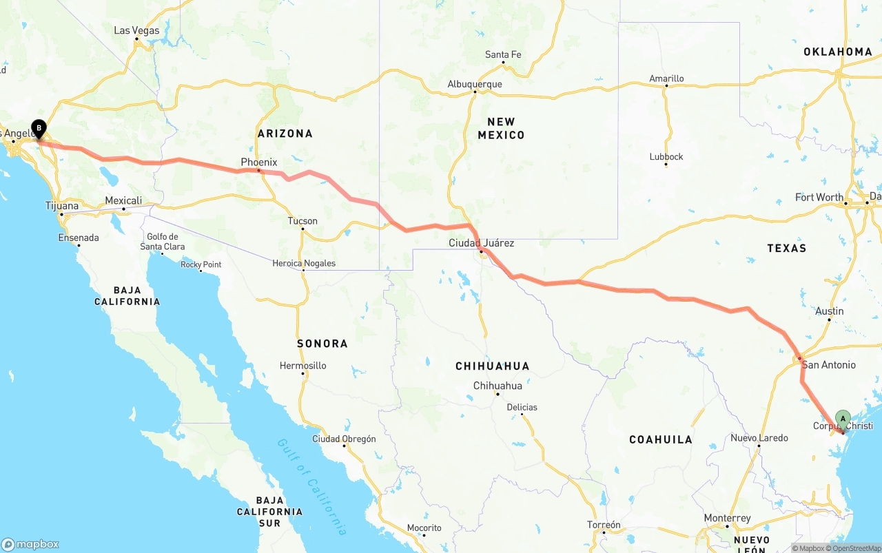 Shipping route from Corpus Christi to Ontario International Airport