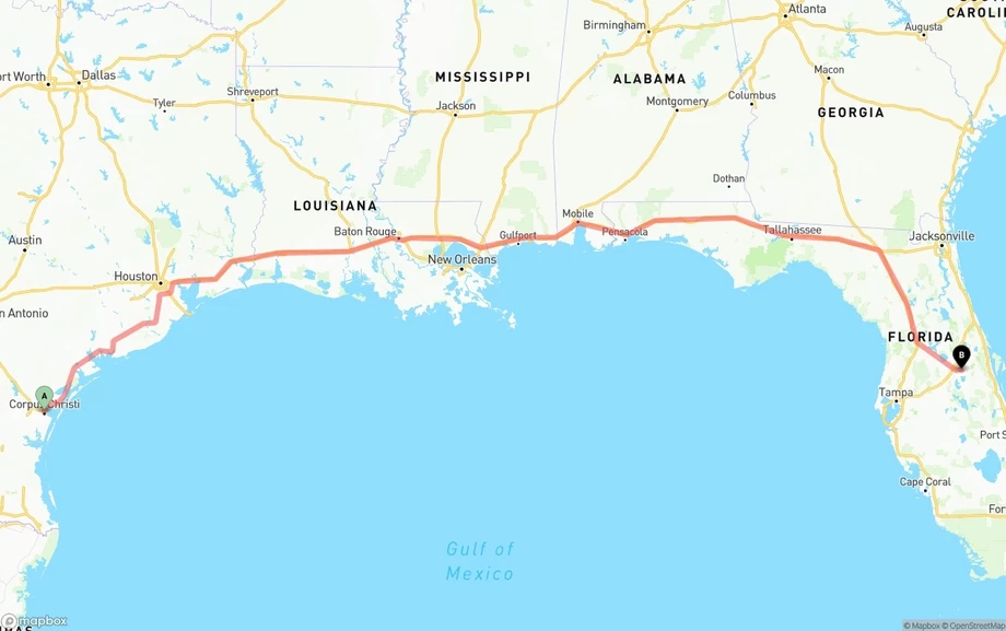 Corpus Christi to Orlando International Airport freight shipping route map