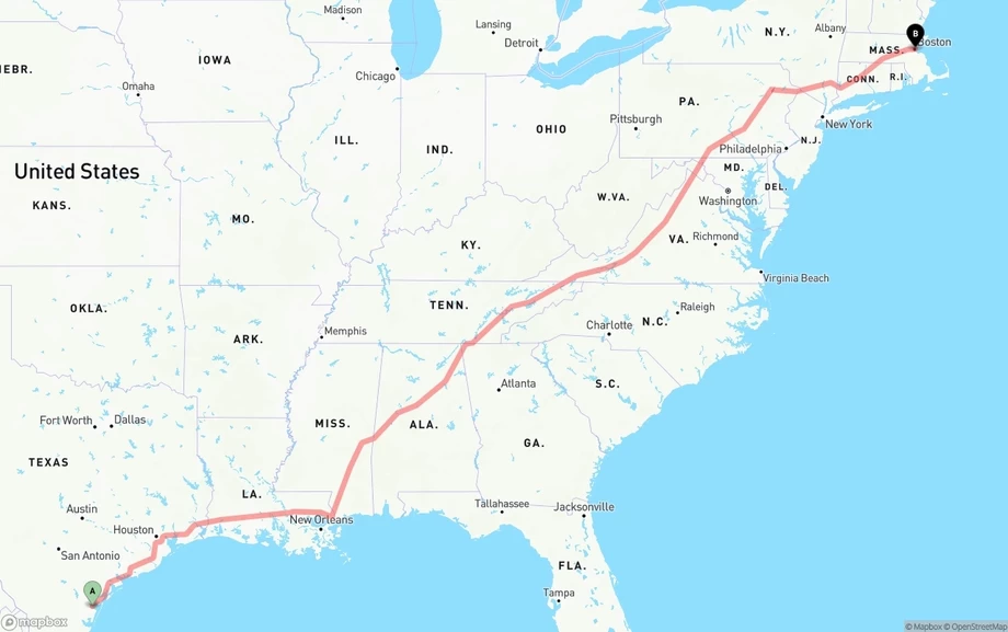 Corpus Christi to Port of Boston freight shipping route map