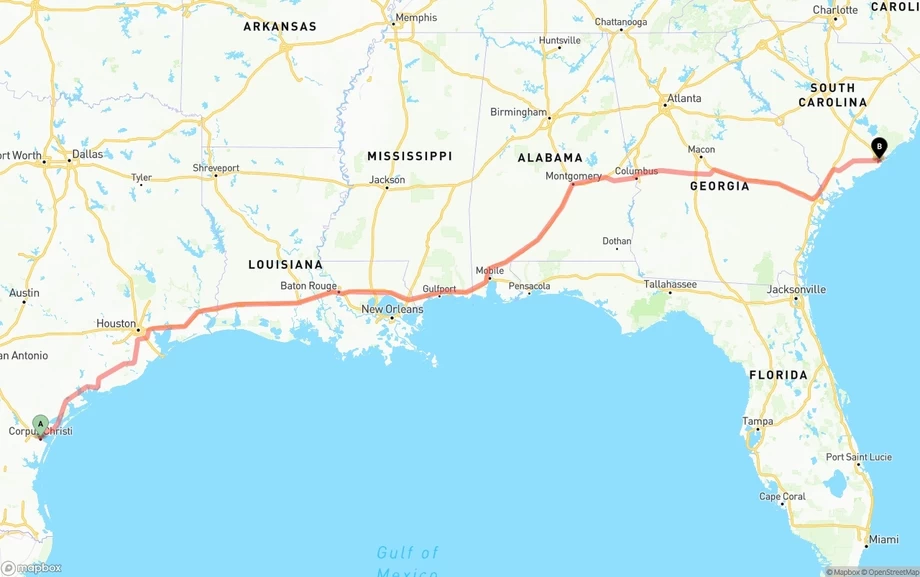 Corpus Christi to Port of Charleston freight shipping route map