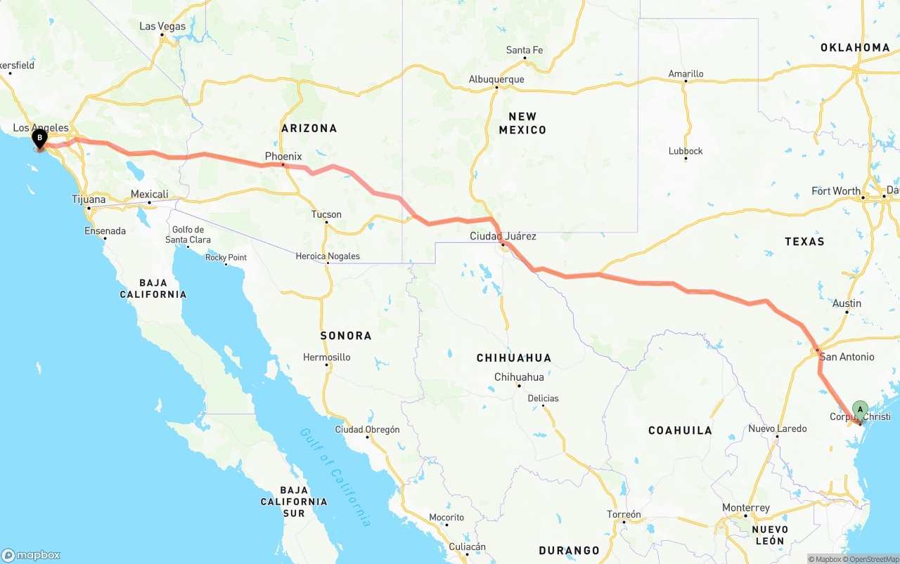 Shipping route from Corpus Christi to Port of Los Angeles