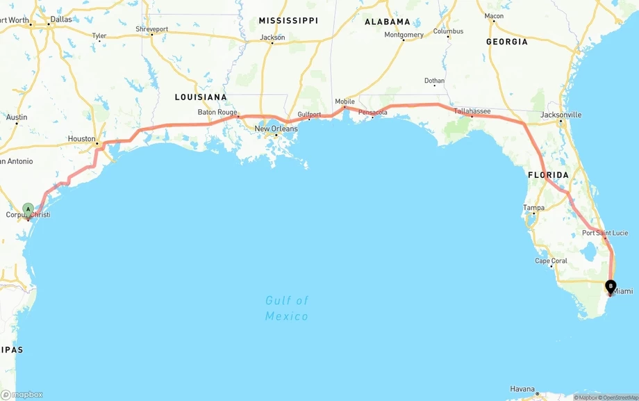 Corpus Christi to Port of Miami freight shipping route map